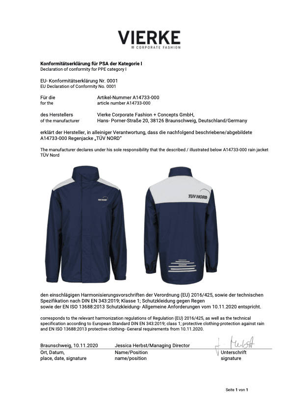 EU-Konformit&auml;tserkl&auml;rung Nr. 0001 f&uuml;r die Regenjacke von T&Uuml;V Nord - Bilddatei