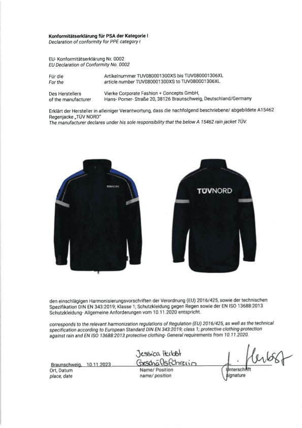 EU-Konformitätserklärung Nr. 0002 für die Regenjacke von TÜV Nord